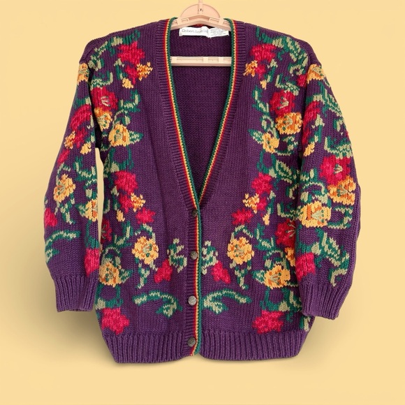 Robert Scott Sweaters - Vtg Robert Scott Women M Cardigan Knit Sweater Purple Floral Grandmacore Cottage
